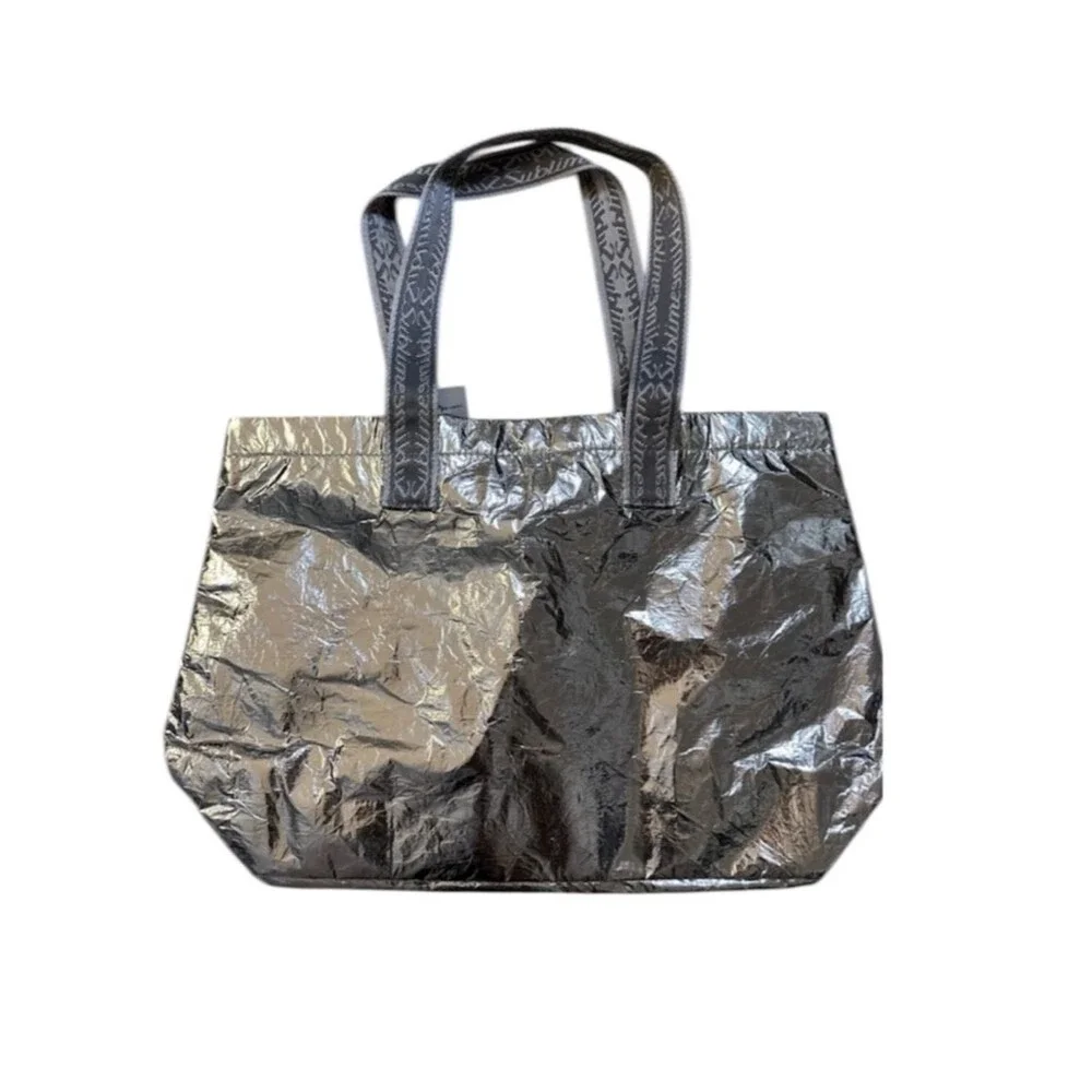 Tory Burch Metallic Silver Sublime Tote Bag with Patterned Straps
